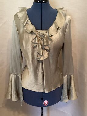 Ruffled Lace-Up VINTAGE Silk Blouse - Beige/Green/Olive